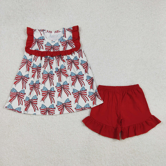 GSSO2019 Stars Bows Tunic Top Red Ruffle Shorts Baby Girls 4th of July Clothes Sets