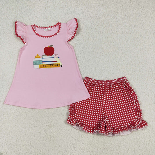 GSSO2069 Apple Pen Book Embroidery Pink Top Plaid Shorts Girls Back to School Clothes Set