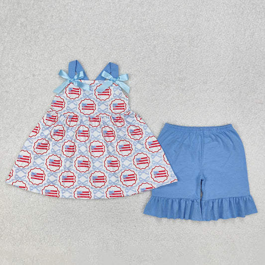 GSSO2074 Flag Bows Tunic Top Blue Shorts Baby Girls 4th of July Clothes Sets