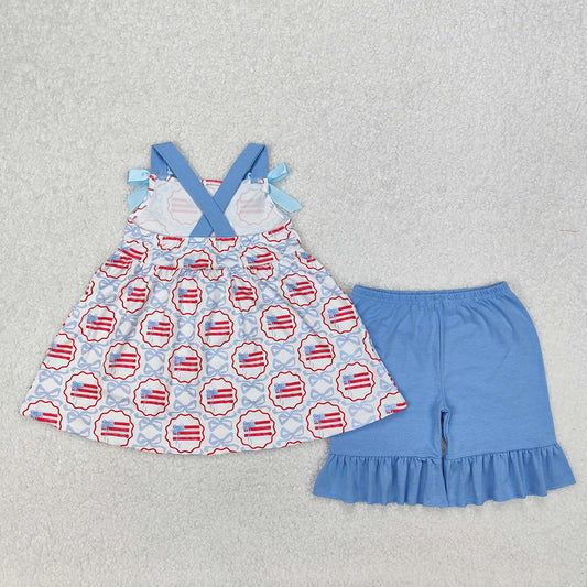 GSSO2074 Flag Bows Tunic Top Blue Shorts Baby Girls 4th of July Clothes Sets
