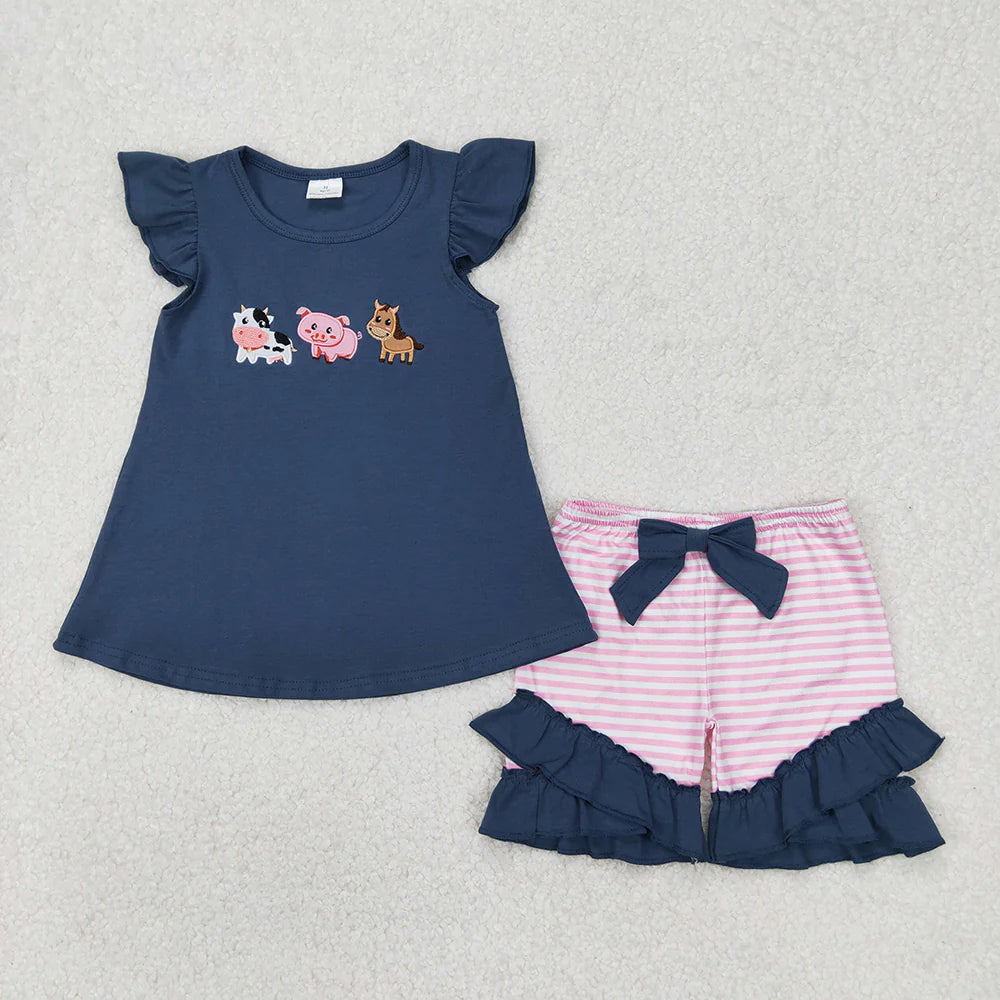 Sibling Embroidery Boys Baby Girls Blue Farm Animals Summer Outfit