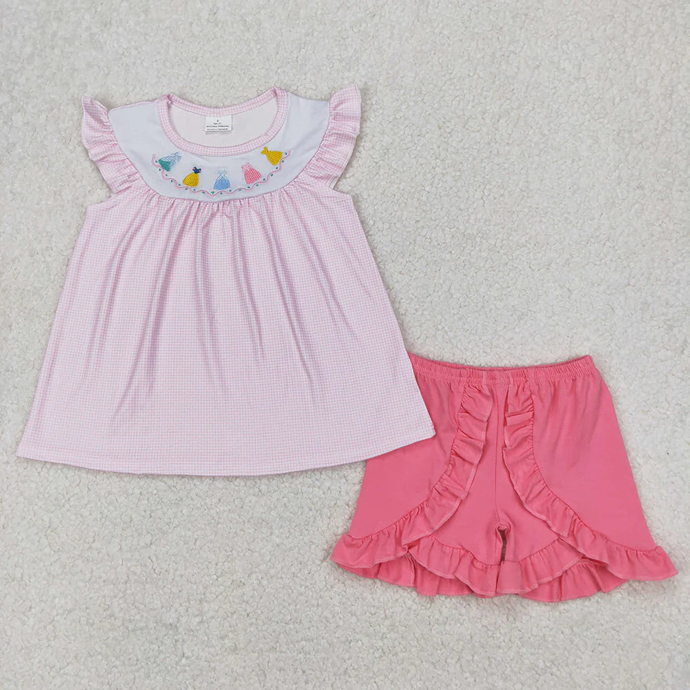 Embroidery Baby Girls Pink Princess Tunic Top Ruffle Shorts Clothes Sets