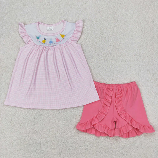 Embroidery Baby Girls Pink Princess Tunic Top Ruffle Shorts Clothes Sets