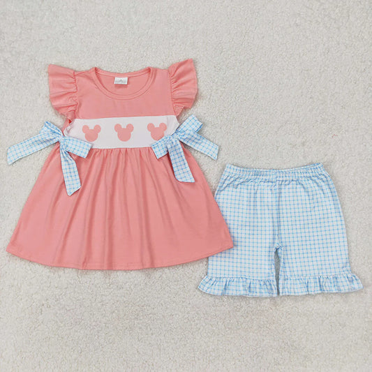 Baby Girls Pink Cartoon Mouse Bows Top Ruffle Shorts Clothes Sets