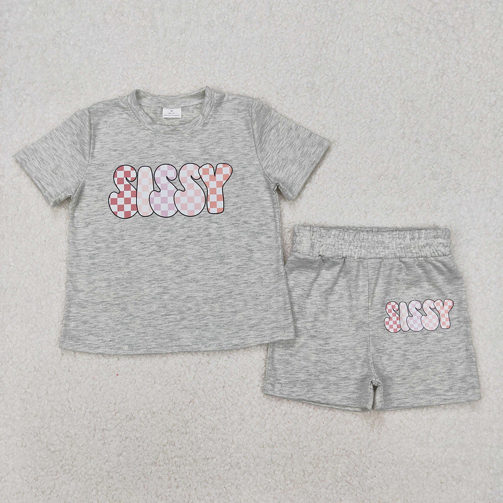 GSSO2135  SISSY Vinyl Grey Top Shorts Girls Summer Cotton Clothes Set