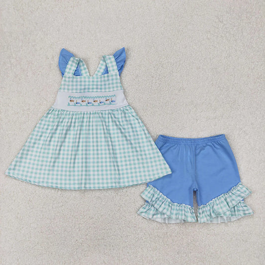 Baby Girls Green Fishes Straps Tunic Top Ruffle Shorts Clothes Sets