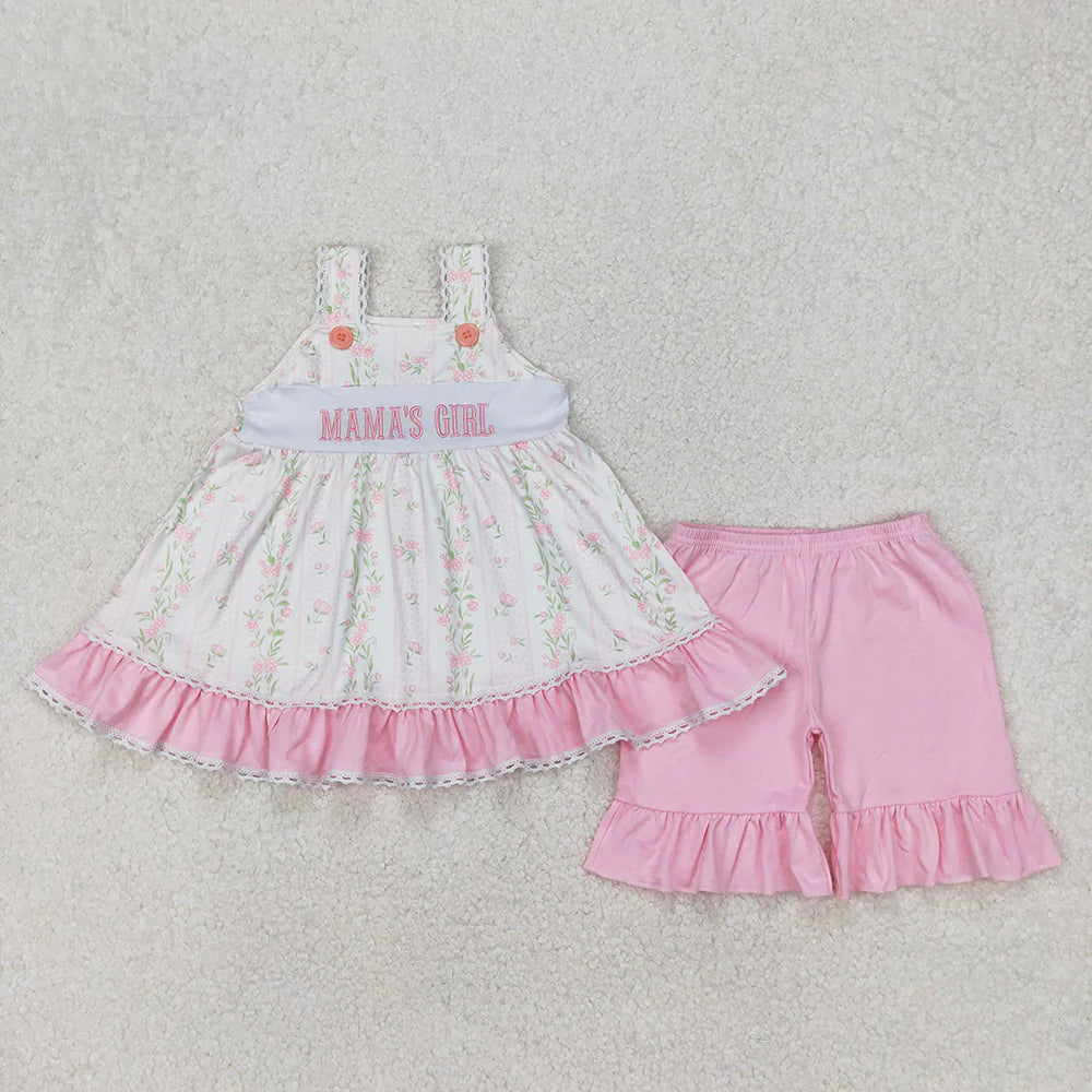 Embroidery Baby Girls Pink Bows Mama's Girl Straps Tunic Ruffle Shorts Outfits