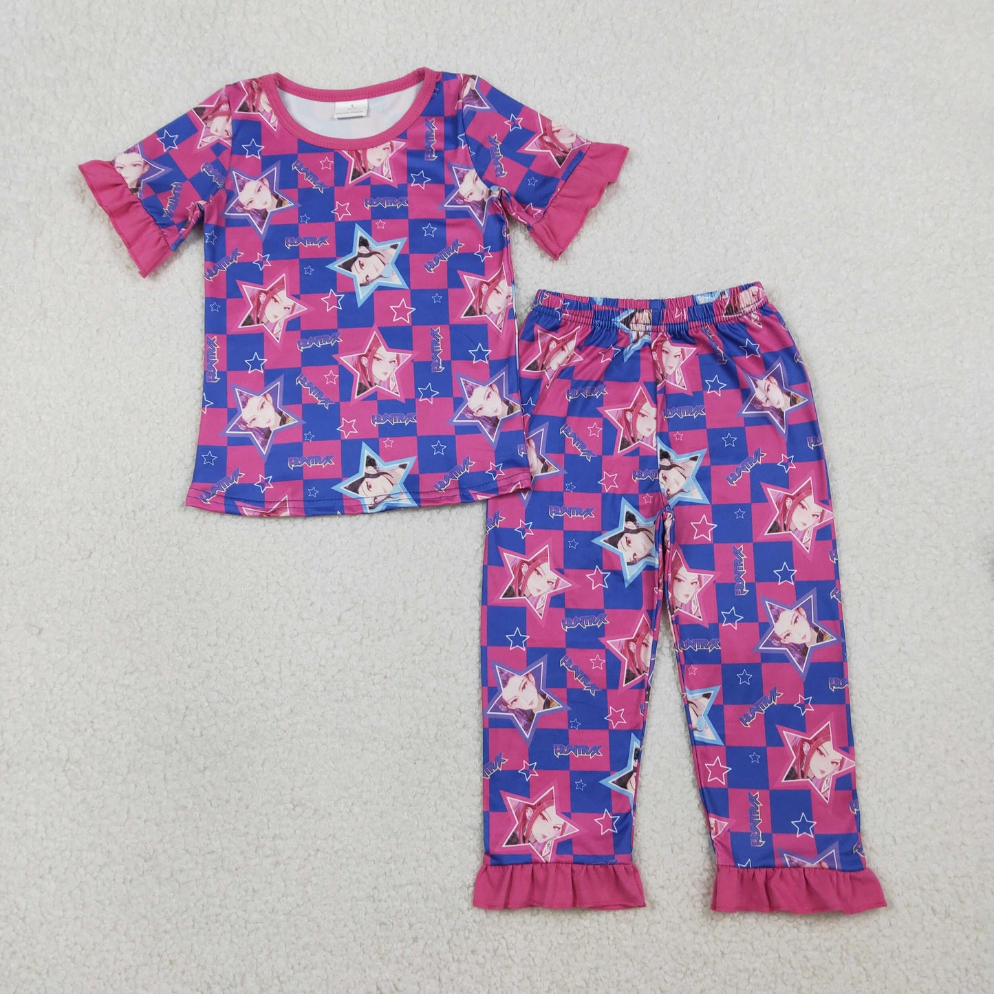 Sibling Baby Girls Pink Blue Checked Demon Hunter Ruffle Pant Pajamas Set Knee Length Dresses