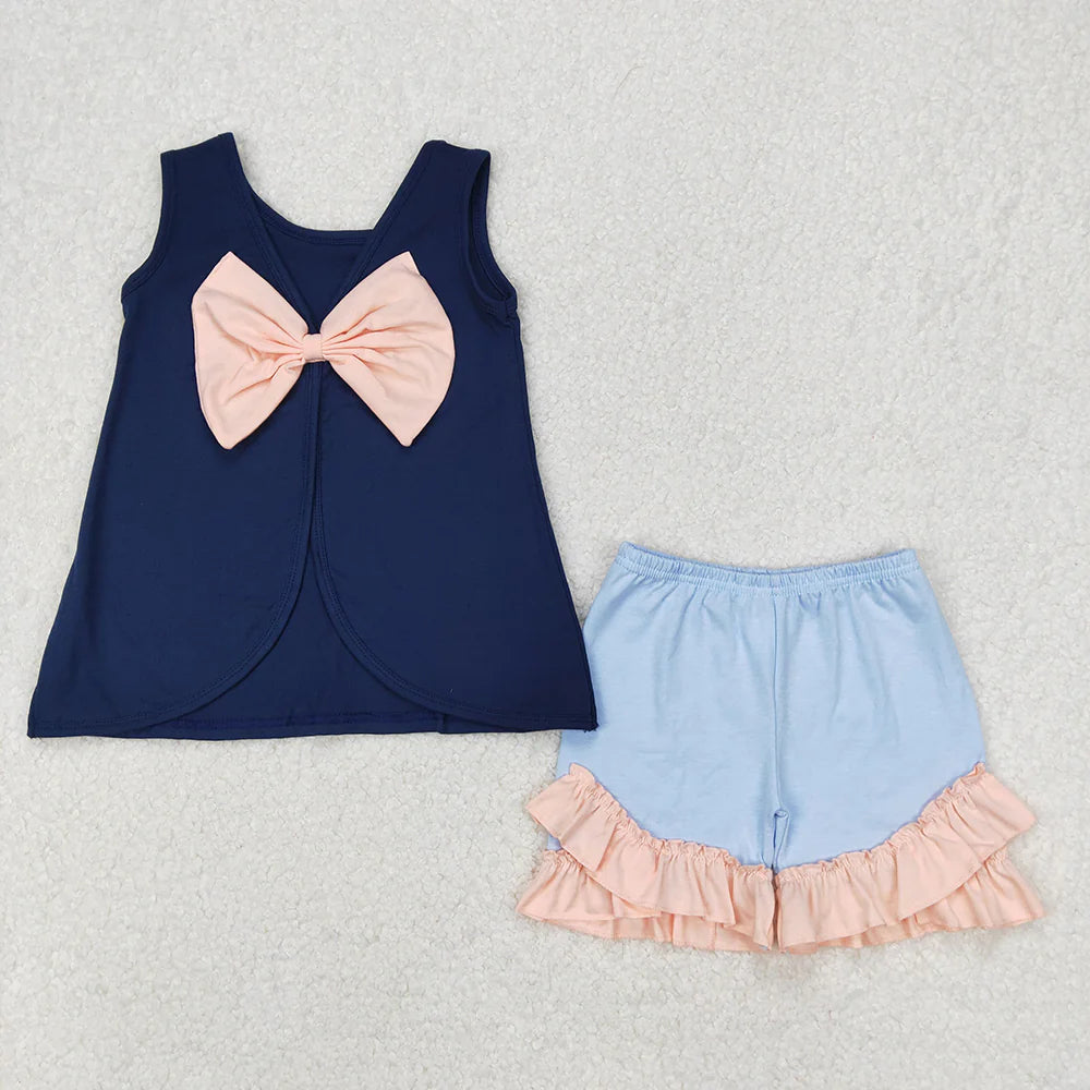 Baby Girls Navy Big Bow Back Tunic Tops Ruffle Shorts Clothes Sets
