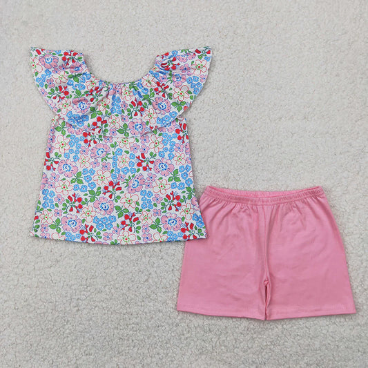 Baby Girls Pink Flowers Ruffle Tunic Tops Shorts Clothes Sets