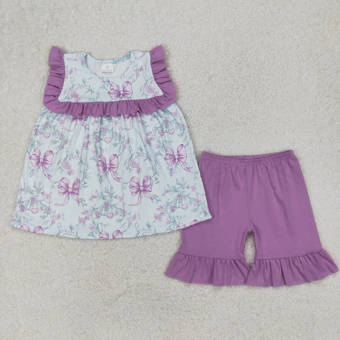 Baby Girls Purple Flowers Flutter Sleeve Tunic Ruffle Shorts Clothes Sets
