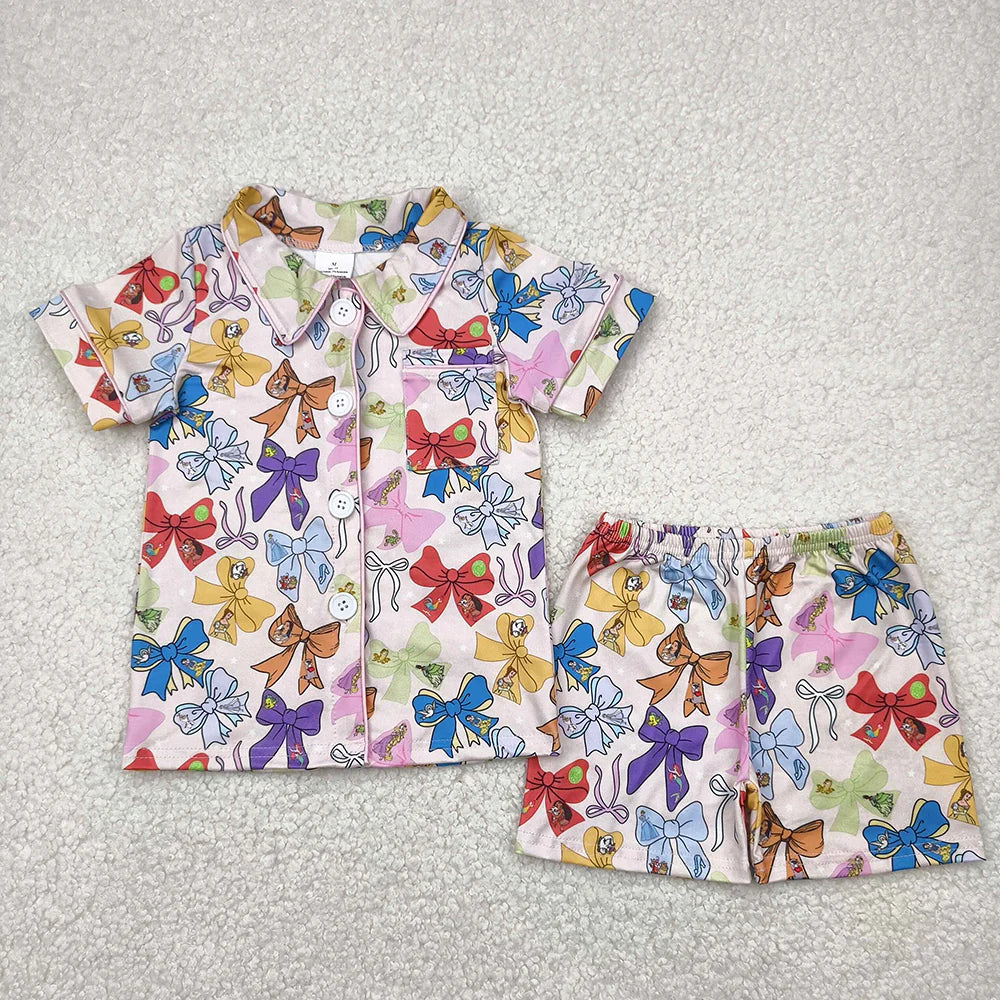 Baby Girls Pink Princess Bows Button Pocket Top Shorts Pajamas Sets