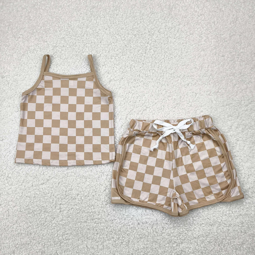 Sibling 4 Colors Baby Girls Strap Plaid Top Short Sports Sets