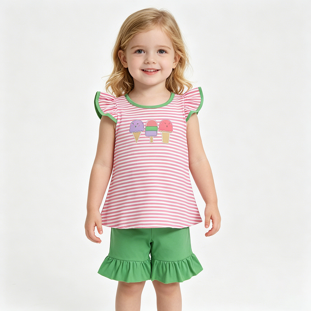 GSSO2349 Ice Cream Embroidery Stripes Top Green Shorts Girls Summer Clothes Set