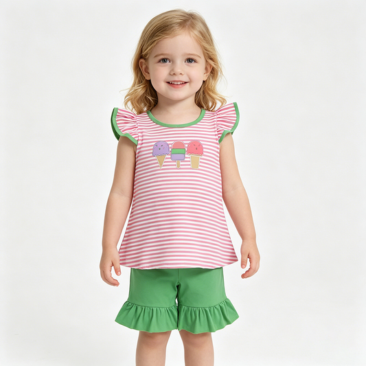 GSSO2349 Ice Cream Embroidery Stripes Top Green Shorts Girls Summer Clothes Set