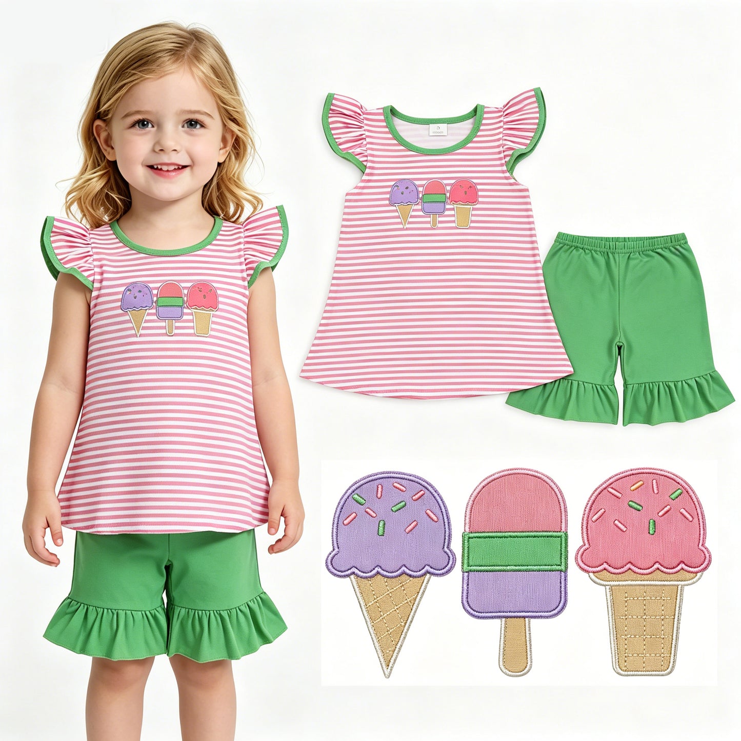 GSSO2349 Ice Cream Embroidery Stripes Top Green Shorts Girls Summer Clothes Set