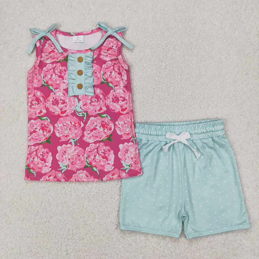 Sibling 4 colors Baby Girls Sleeveless Floral Button Top Shorts Set