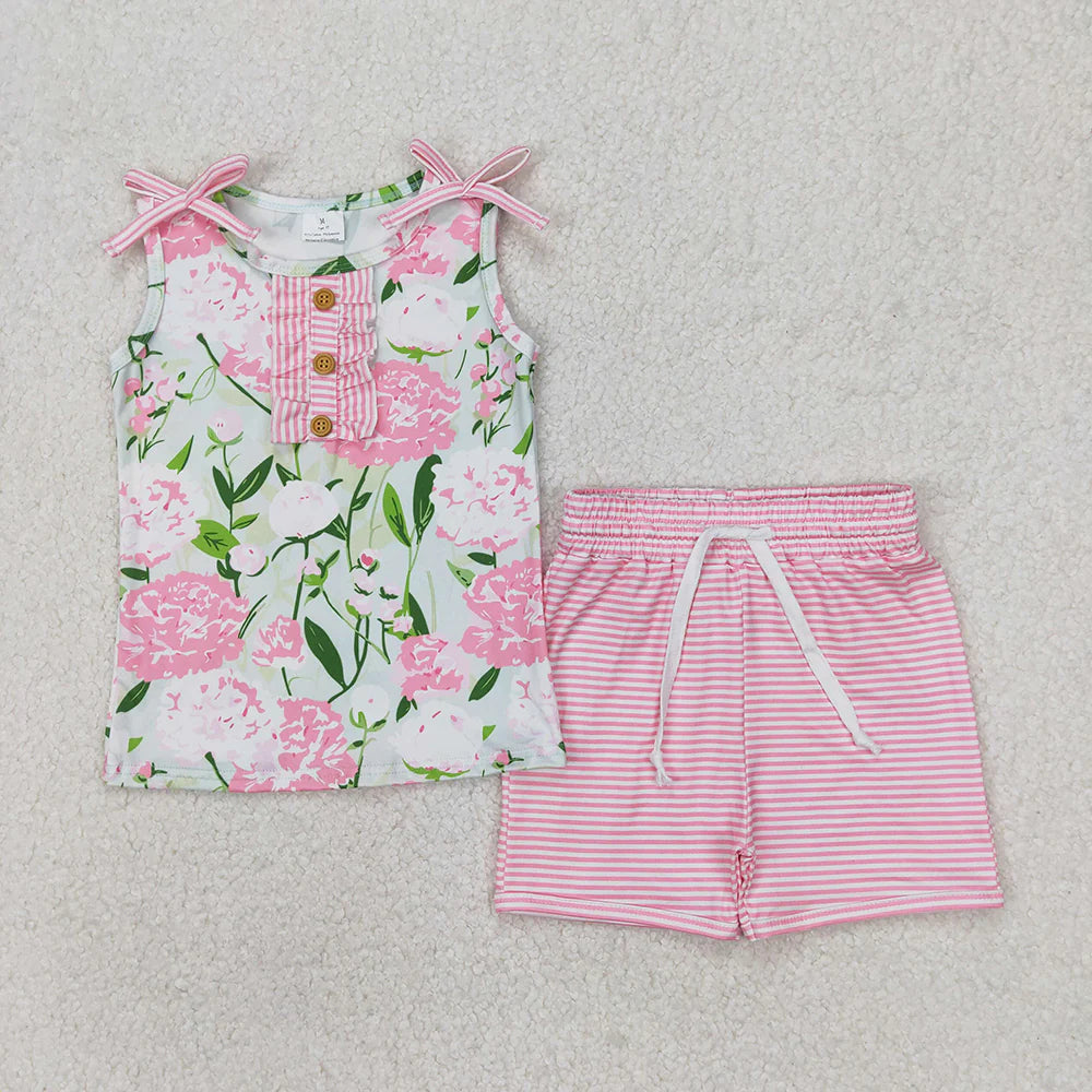 Sibling 4 colors Baby Girls Sleeveless Floral Button Top Shorts Set