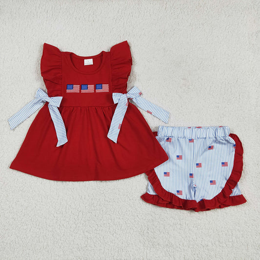 GSSO2375 Flag Embroidery Red Tunic Top Ruffle Shorts Baby Girls 4th of July Clothes Sets