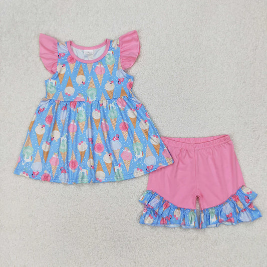 Baby Girls Pink Flutter Sleeves Ice Cream Tunic Ruffle Short Set