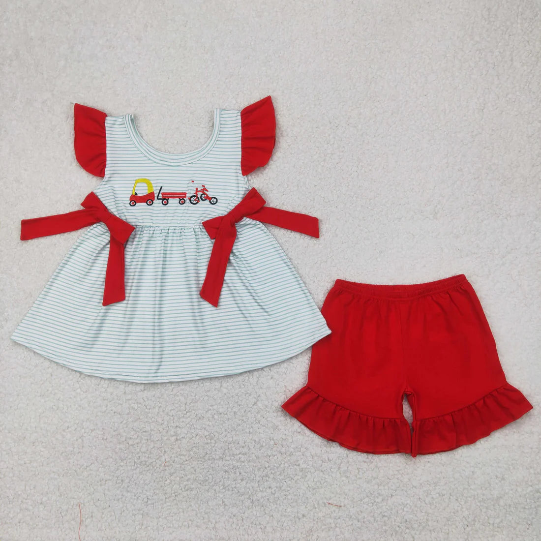 Sibling Baby Girls Summer Cars Linemen Tunic Ruffle Shorts Clothes Sets