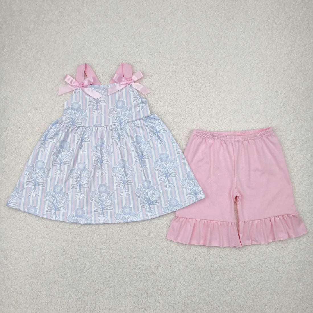 Sibling Baby Girls Strap Flowers Tunic Ruffle Shorts Clothes Sets