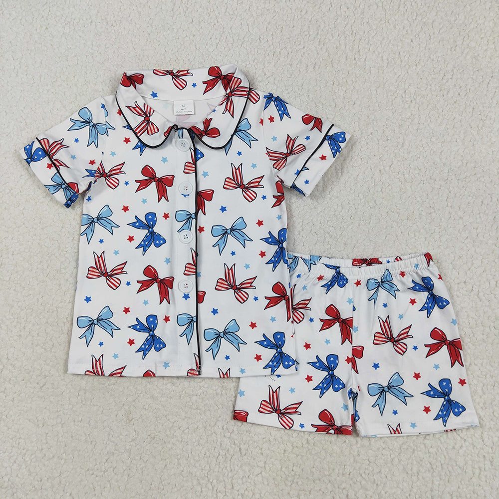 GSSO2484 Stars Bows Shorts Baby Girls 4th of July Button Pajamas Clothes Sets