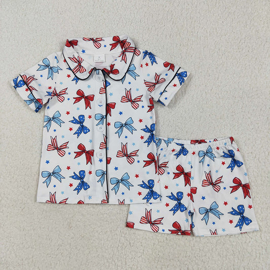 GSSO2484 Stars Bows Shorts Baby Girls 4th of July Button Pajamas Clothes Sets