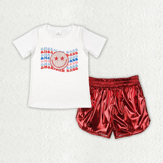 GSSO2547 AMERICA BABE Smiling Top Red Leather Metallic Shorts Baby Girls 4th of July Clothes Set