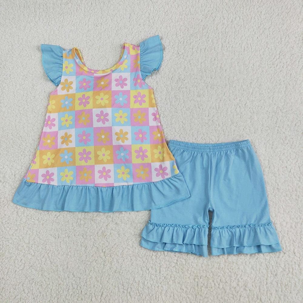 GSSO2623  Colorful Flowers Plaid Backless Top Blue Ruffle Shorts Girls Summer Clothes Set