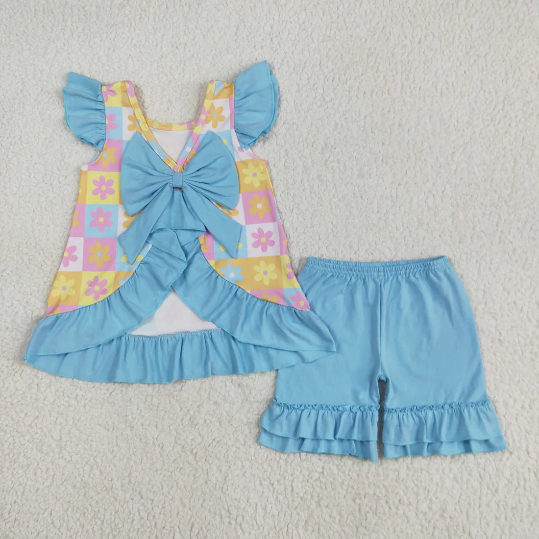 Sibling Baby Girls Flowers Checked Flutter Sleeve Back Bows Tunic Ruffle Shorts Clothes Sets