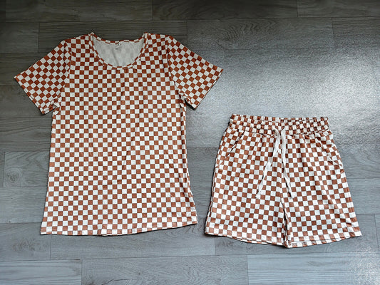 GSSO2680 Preorder Brown Checkered Top Pockets Shorts Woman Summer Clothes Set