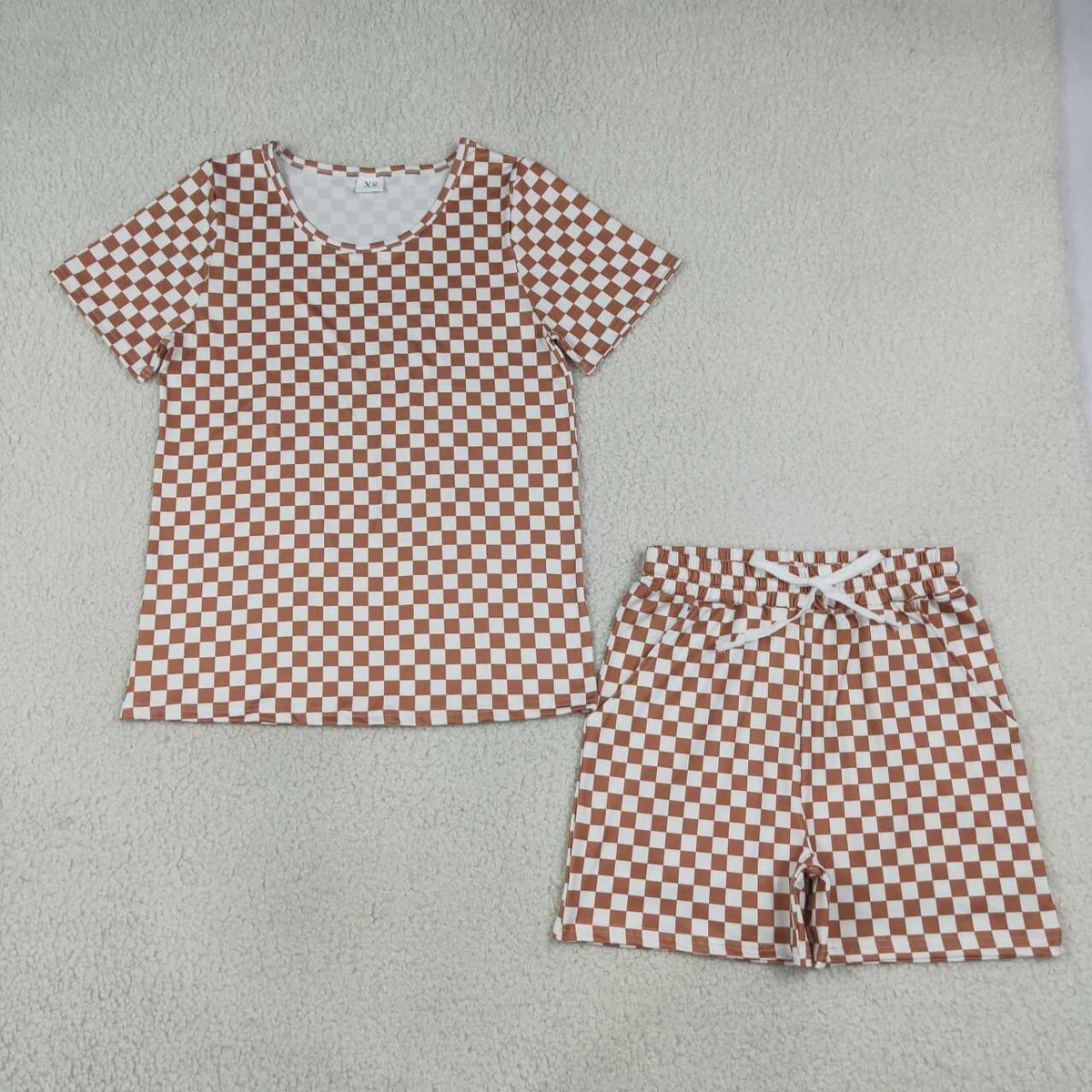 GSSO2680 Brown Checkered Top Pockets Shorts Woman Summer Clothes Set