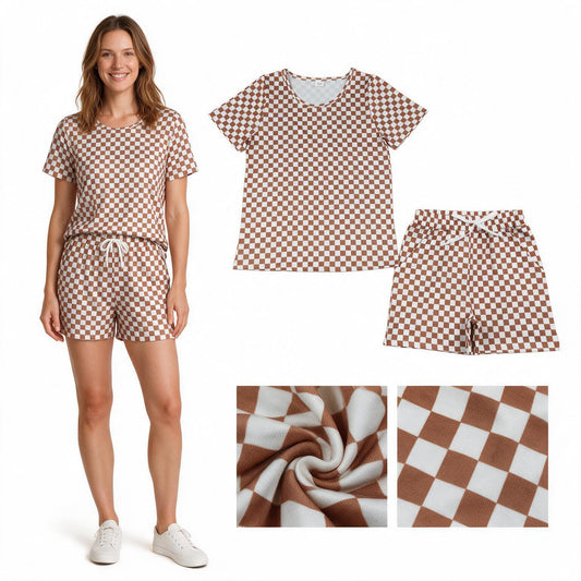 GSSO2680 Brown Checkered Top Pockets Shorts Woman Summer Clothes Set