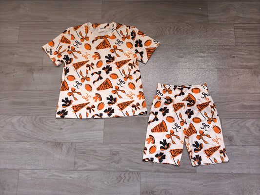 GSSO2724 Preorder Football Bows Cheer Orange Print Girls Summer Clothes Set