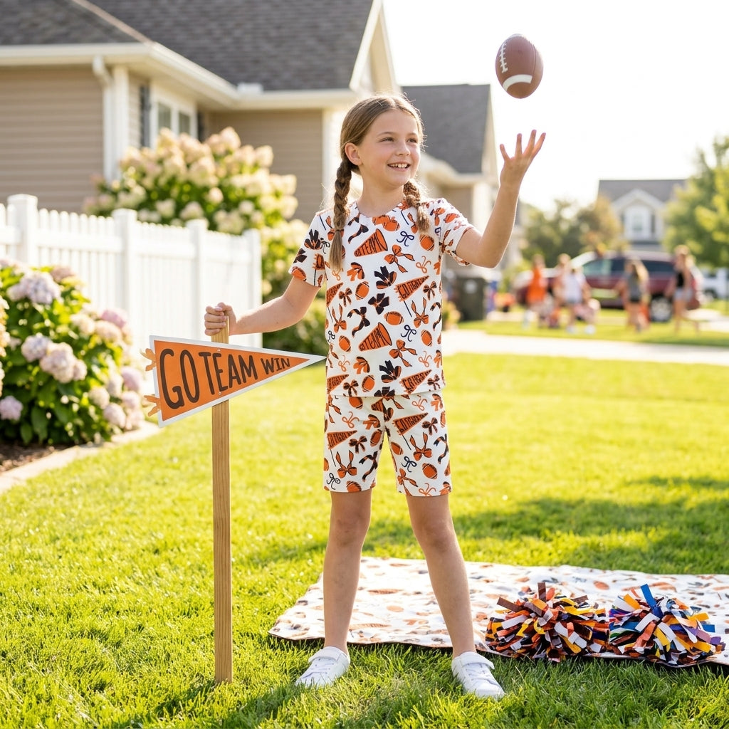 GSSO2724 Football Teams Bows Cheer Orange Print Girls Summer Clothes Set