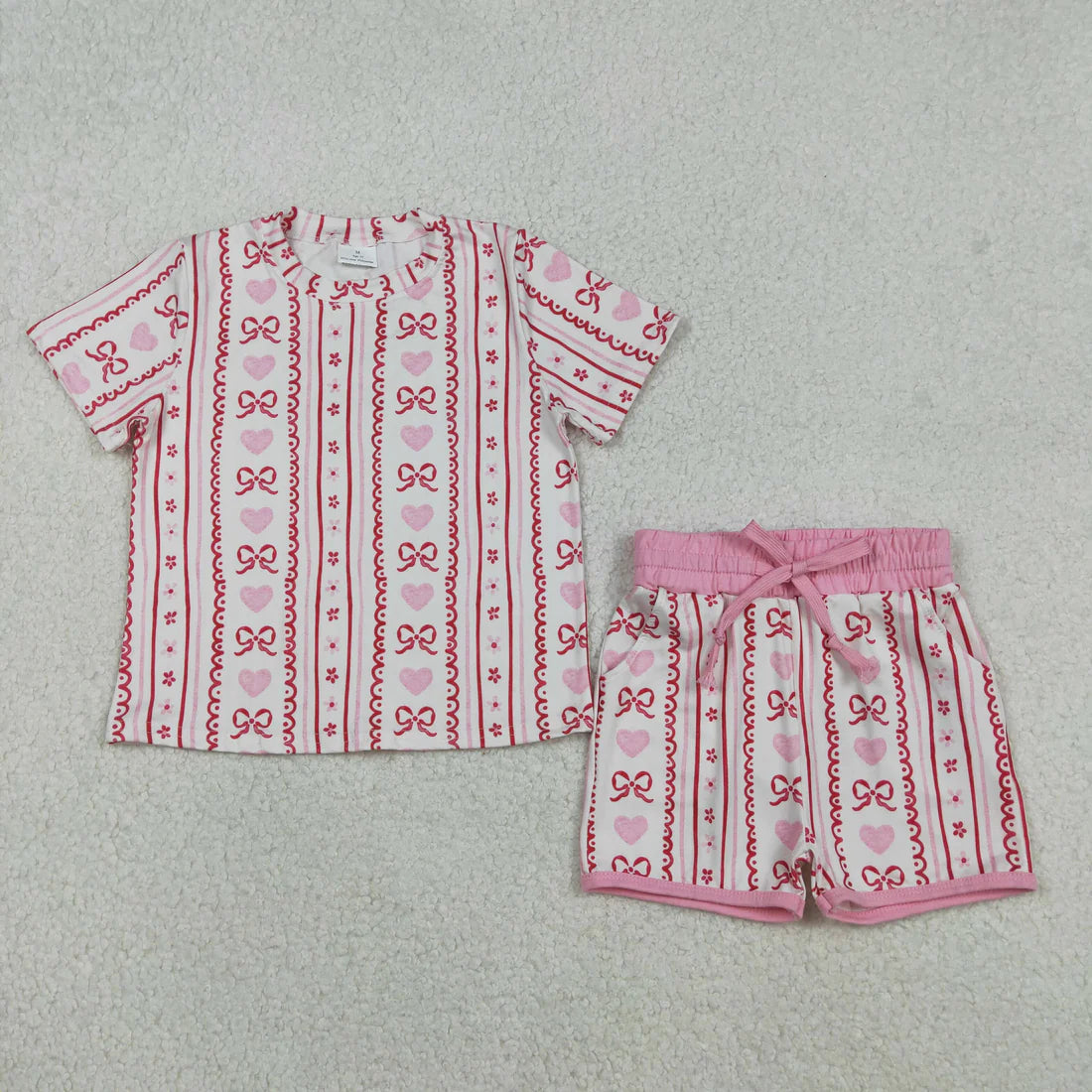 Sibling Baby Girls Hearts Bows Top Pockets Shorts  Clothes Sets