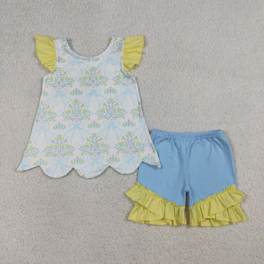 GSSO2767 Baby Girls Bow Flowers Checked Scallop Tunic Ruffle Shorts Clothes Sets