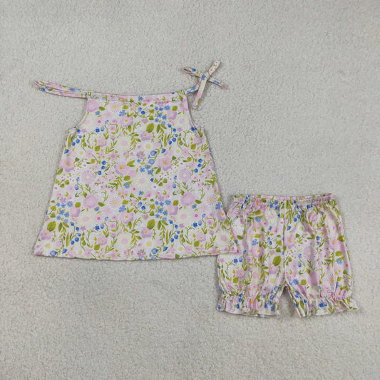 Sibling Baby Girls Colorful Flowers Beach Bows Tunic Ruffle Short Clothes Sets）