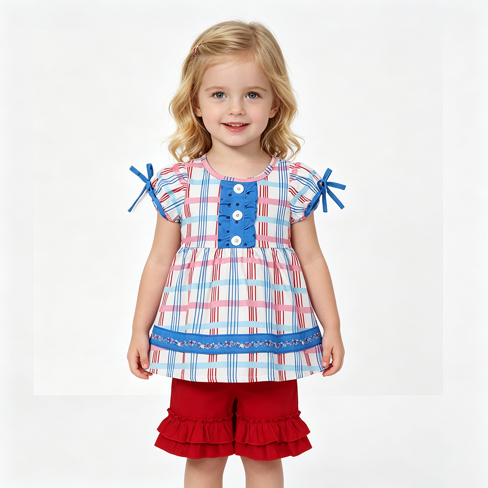 GSSO2815 Plaid Small Flowers Tunic Top Red Shorts Girls 4th of July Clothes Set