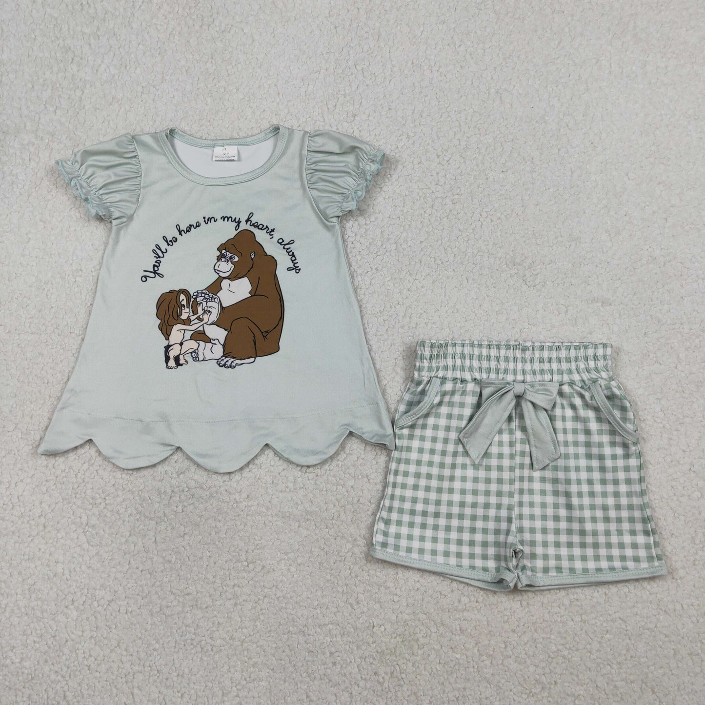 Sibling Baby Boys Girls Cartoon Monkey Top Checked Pockets Short Clothes Set Rompers