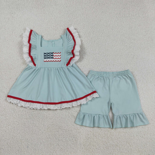 Embroidery Flags Baby Girls Flutter Sleeve Tunic Ruffle Shorts 4th of July cotton Outfit