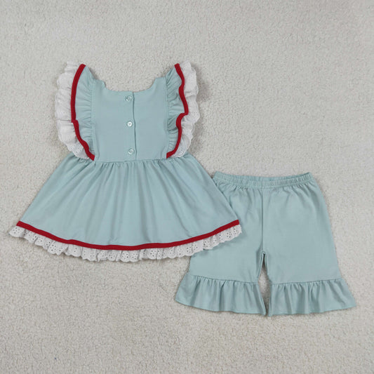 Embroidery Flags Baby Girls Flutter Sleeve Tunic Ruffle Shorts 4th of July cotton Outfit