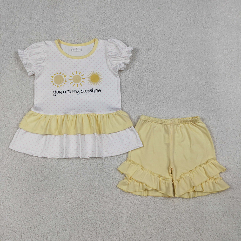 GSSO2947 Girls’ “YOU ARE MY SUNSHINE” Short Sleeve Top & Ruffle Yellow Shorts Set