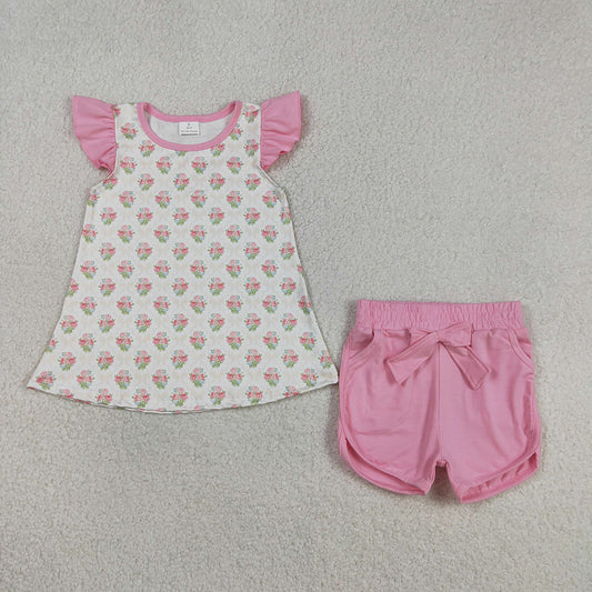 GSSO2953 Flowers Top Pink Pockets Shorts Girls Summer Clothes Set