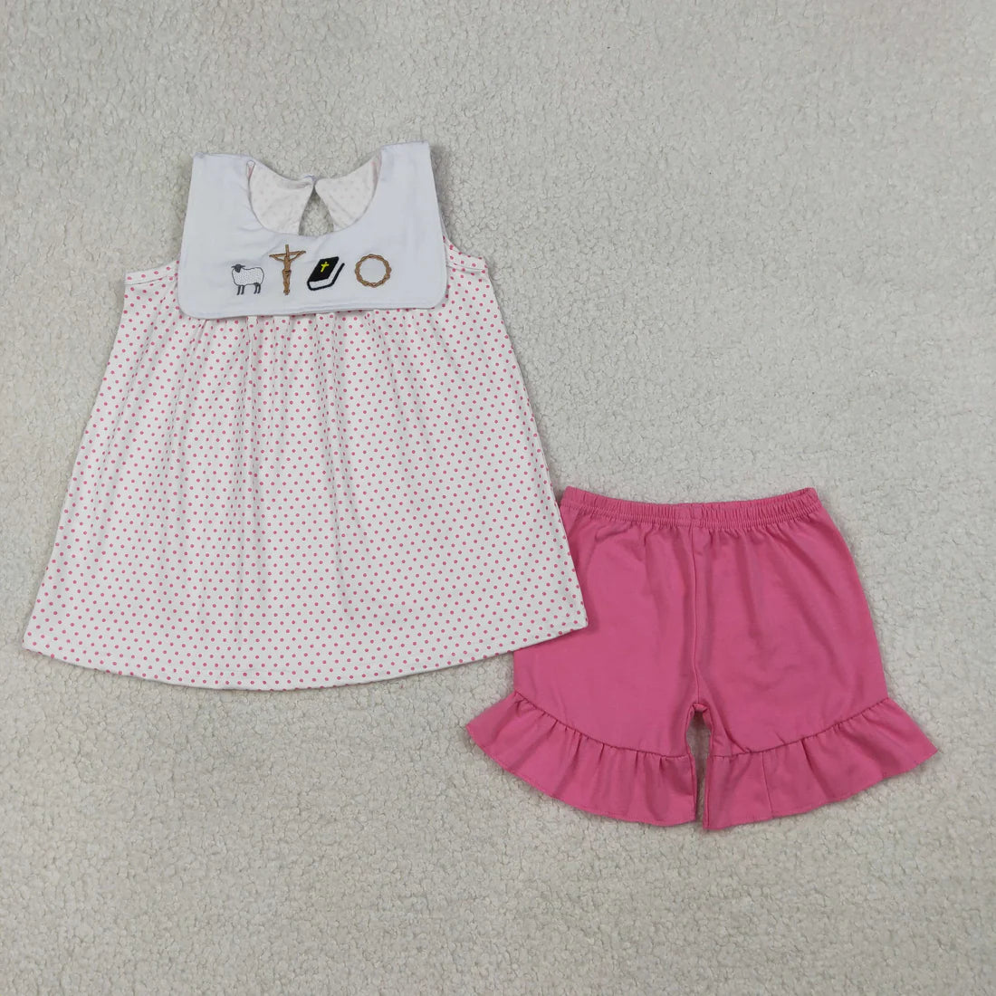 Baby Girls Boys Sibling Easter  Embroidery Seep Cross Outfit Romper