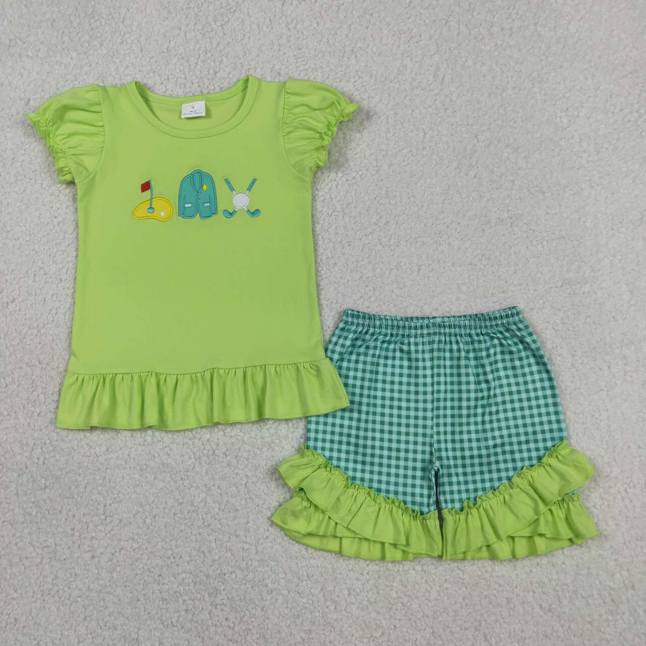 GSSO3033 Golf Embroidery Green Top Plaid Shorts Girls Summer Clothes Set