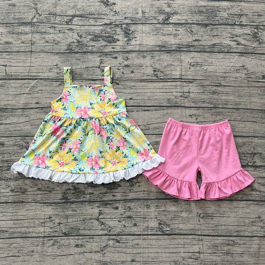 GSSO3034 Preorder Yellow Flowers Tunic Top Pink Shorts Girls Summer Clothes Set