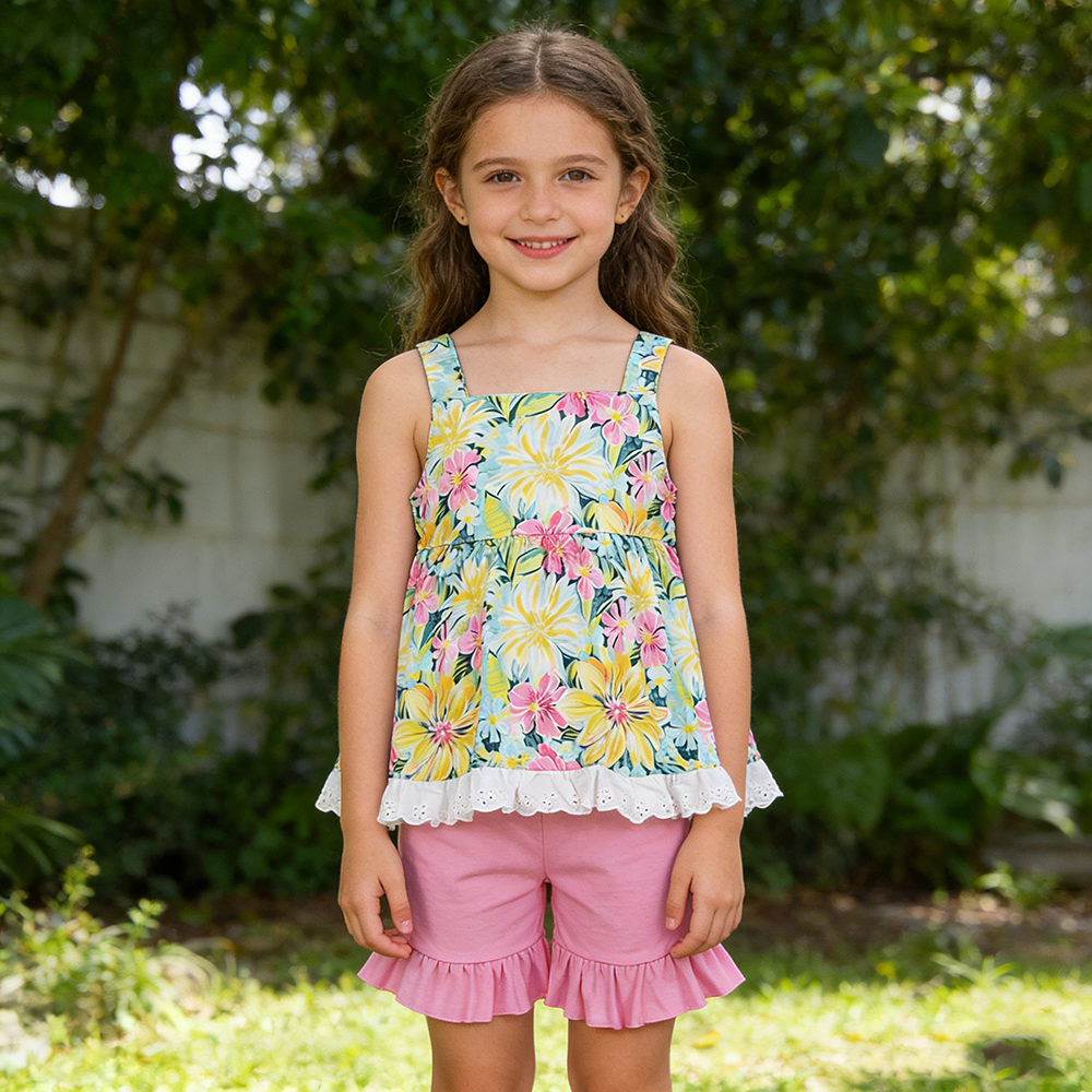 GSSO3034 Girls’ Colorful Flowers Tunic Top & Ruffle Pink Shorts Set