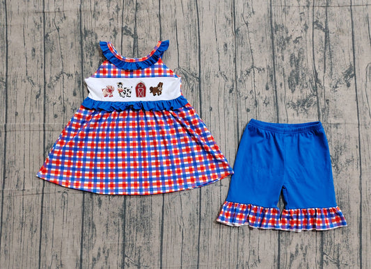 Preorder GSD3881  Farm Animals Embroidery Plaid Tunic Top Blue Shorts Girls 4th of July Clothes Set